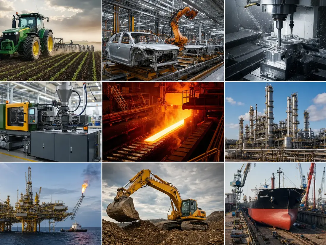 Industries served — farming, automotive, machine tools, moulding, steel, chemical, oil & gas, earth moving, and marine